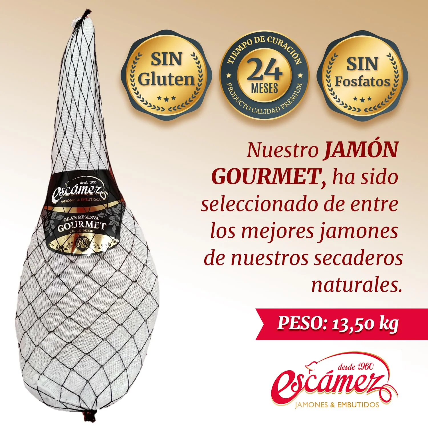 Jamón Gourmet Gran Reserva Duroc | Perniles de 9 kg | Jamón Secado Duroc | Jamón de Curación Superior a 24 meses | Selección Gourmet | Sin Gluten - Imagen 6